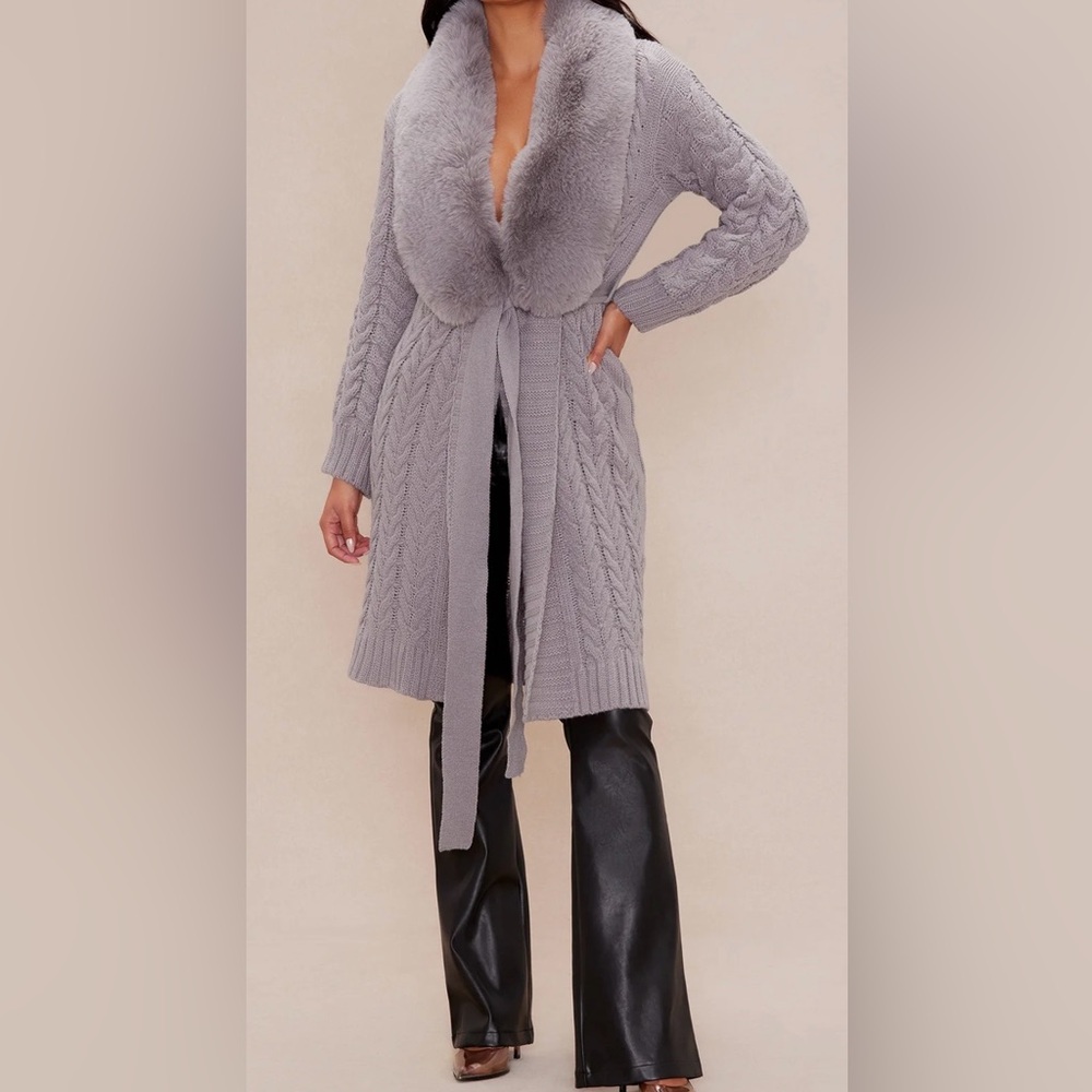 NWT Gray Cable Knit Long Cardigan with Faux Fur and Belt